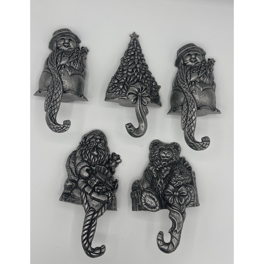 Vintage Pewter Stocking Holders 4.5" Snowman Christmas Tree Holiday Santa 5 Set